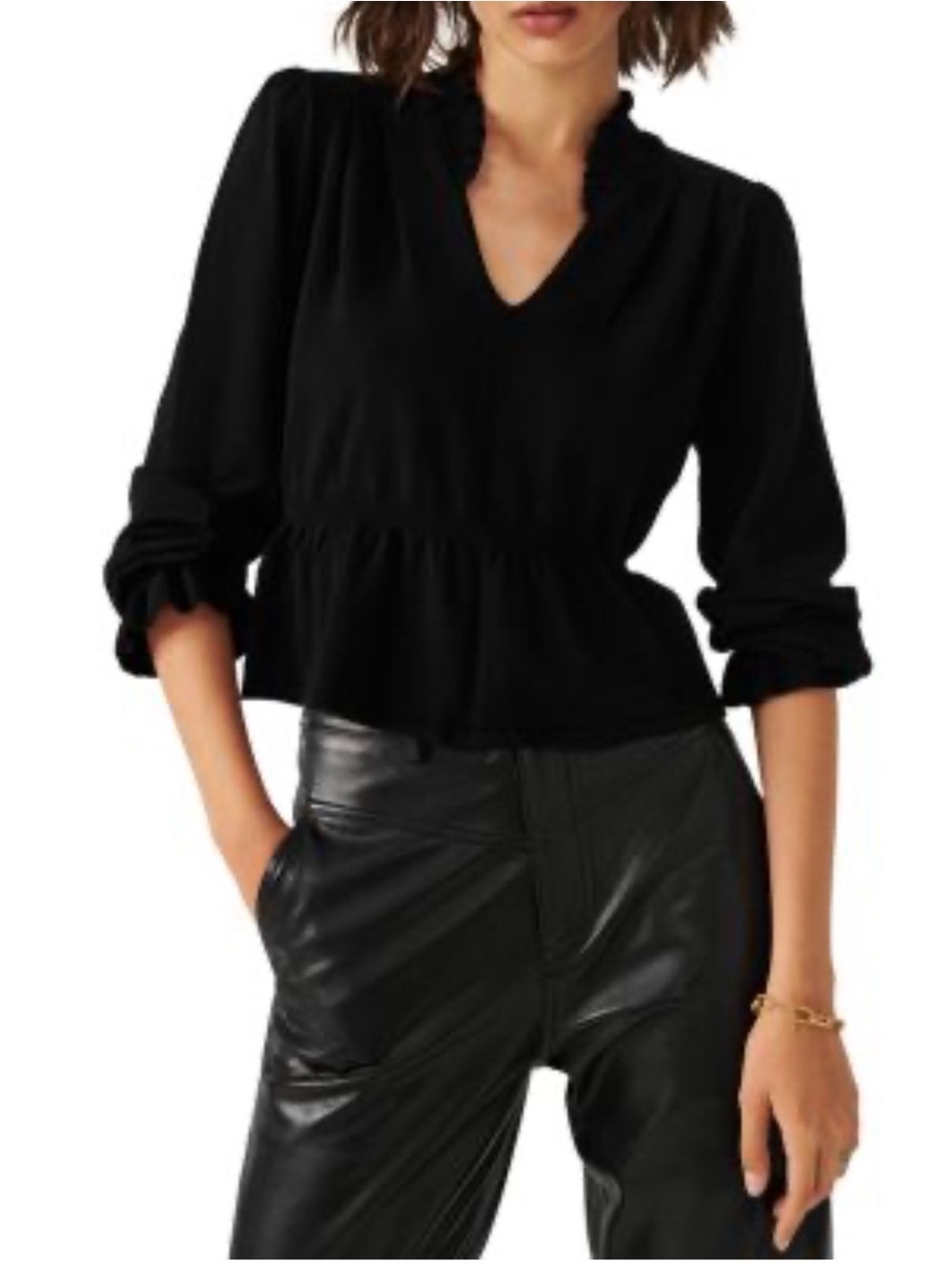 Ba&sh Seoul Ruffle Peplum Sweater Vneck Black Cropped Long Sleeve